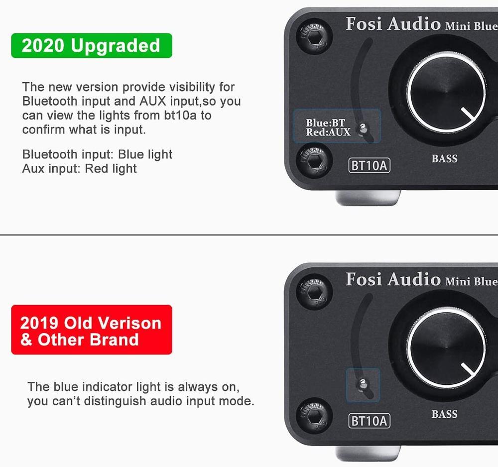 Bluetooth 2 Channel Sound Power Stereo Amplifier with treble and bass controls, compact design, and Bluetooth 5.0 connectivity.